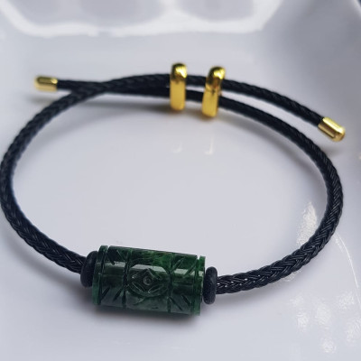 Vòng Đeo tay Mới charm Lu Thống Đồng Tiền Xanh Đậm đẹp Hạt Lu Đồng Tiền Đá cẩm thạch tự nhiên dây đen rút chỉnh theo tay tùy ý Hợp nữ mệnh Thủy mệnh Mộc hợp ạ