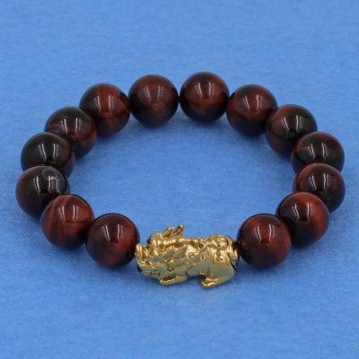 Chuỗi đeo tay đá mắt hổ đỏ đen 12 ly - cẩn Tỳ Hưu inox vàng VMHOETHV12 + hộp nhung - hợp mệnh Hỏa, mệnh Thổ