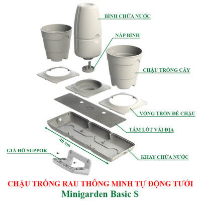 Chậu Để Bàn Tự Tưới và Tự bón phân Basic S , nhập khẩu Minigarden dành cho người yêu cây xanh nhưng không có thời gian chăm sóc cây (Giải pháp trồng cây TỰ DƯỠNG bền vững) (1 bộ gồm 2 chậu S, 1 khay hứng nước, 1 bình chứa nước và phân)