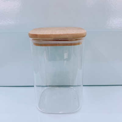 HŨ THỦY TINH DÁNG VUÔNG NẮP GỖ ĐỰNG THỰC PHẨM HẠT KHÔ - VD62