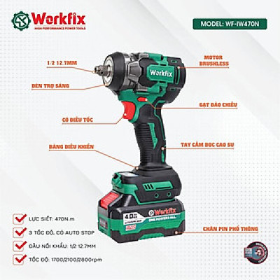 Máy Siết Bulong Workfix 470N.m - Đa Năng 2 In 1 - WF-IW470N - Motor Brushless - Chân Pin Phổ Thông 2 Pin 21V/4Ah - Bảo Hành Chính Hãg 6 thang