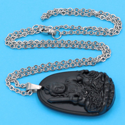 Vòng cổ phật Văn Thù Bồ Tát - thạch anh đen 3.6cm DITTEB3 - dây inox bạc - kèm hộp nhung - tuổi Mão