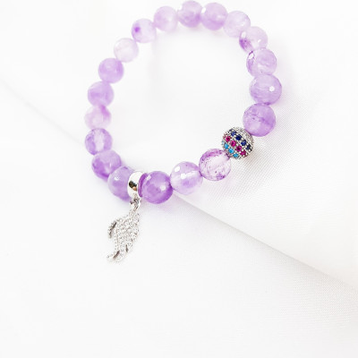 Vòng tay mệnh hỏa, mộc đá thạch anh tím mix charm cánh thiên thần LAT.132