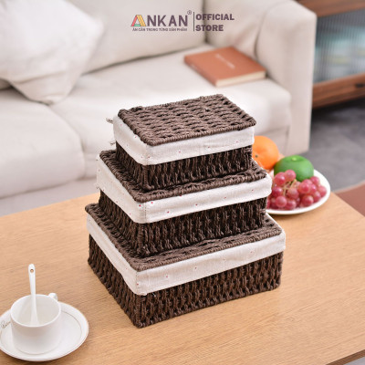 Giỏ Mây Có Nắp Đựng Đồ, Đựng Mỹ Phẩm, Đựng Đồ Ăn Vặt Để Bàn, Decor Chụp Ảnh Sản Phẩm Lót Vải Vintage