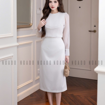 Set áo váy voan trắng bút chì NGADO , set áo kèm váy , set áo váy Nữ