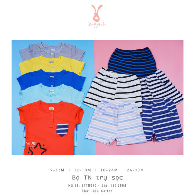 Bộ quần áo cổ trụ in sọc tay ngắn chất cotton mềm thoáng mát cho bé trai từ 3-12kg Kioo BT090