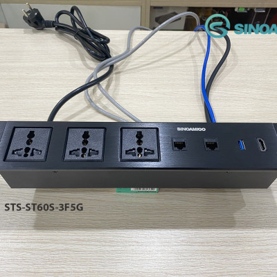 Hộp ổ cắm âm bàn Sinoamgo STS-ST60S-2F5G, chất liệu nhôm xước cao cấp, tích hợp 3 ổ cắm điện, 2 lan cat6, HDMI, USB 3.0 - Hàng chính hãng