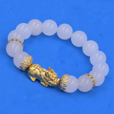 Chuỗi đeo tay Thạch Anh Trắng 12 ly - cẩn Tỳ Hưu Phong thủy inox vàng VTATTHBKV12