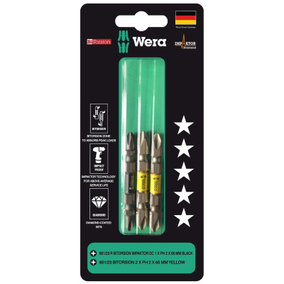 Bộ mũi vít cao cấp 2 đầu 4 cạnh Wera 05344516001 1xPH2x65mm Black và 2xPH2x65mm Yellow BiTorsion Impaktor DC dùng trực tiếp máy khoan bắt vít