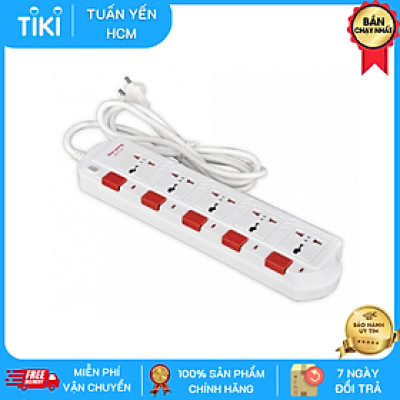 Ổ cắm Điện Quang ĐQ ESK 5W.SM750SL (5 lỗ 3 chấu dây 5 mét màu Trắng Đỏ)