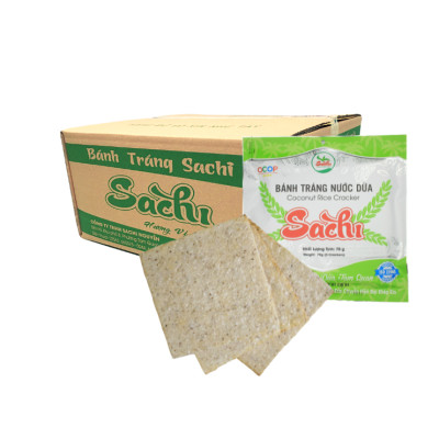 Thùng 50 Gói Loại 70Gram, Bánh Tráng Nước Cốt Dừa Cao Cấp Nướng Sẵn Sachi
