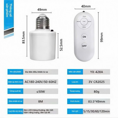 Đui Đèn Thông Minh E27 - Điều Khiển Từ Xa, Hẹn Giờ Tắt Đèn, Kèm Remote điều khiển từ xa