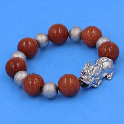 Vòng chuỗi đeo tay đá kim sa 14 ly ( size lớn ) charm tỳ hưu và bi inox, vòng tay chuỗi hạt