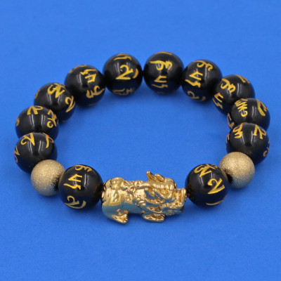 Vòng tay đá Thạch Anh Đen khắc Phật Chú 12 ly - cẩn Tỳ Hưu Phong Thủy inox vàng VTAEPVTHHBV12 - hợp mệnh Thủy, mệnh Mộc