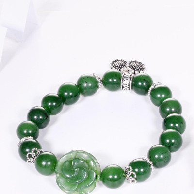 Vòng tay đá ngọc bích mix hoa mẫu đơn và charm bạc hạt đá 10mm mệnh hỏa, mộc - Ngọc Quý Gemstones