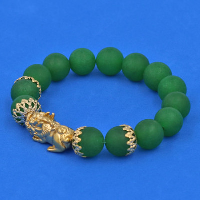 Chuỗi đeo tay Thạch Anh Xanh Lá mờ 12 ly - cẩn Tỳ Hưu Phong Thủy inox vàng VTAXLMTHBKV12