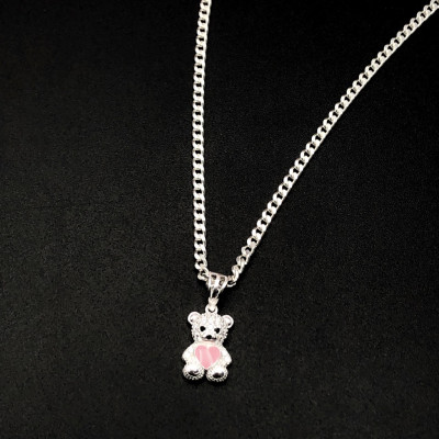 Dây Chuyền, Vòng Cổ Trẻ Em Bạc Ta Hình Mặt Gấu Trái Tim Hồng Chính Hãng Bạc Hiểu Minh DTE070
