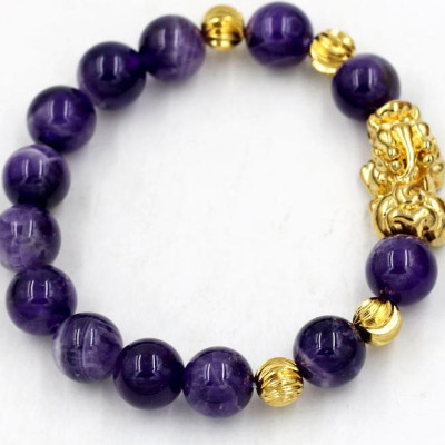 Vòng tay thạch anh tím than 12 ly charm tỳ hưu TH80