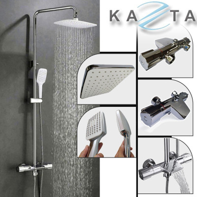 COMBO Thiết Bị Nhà Tắm Cao Cấp KAZTA KZ-CBT02: Bồn cầu liền khối, Lavabo âm bàn đá, Gương đèn, Sen tắm đứng nóng lạnh, kèm phụ kiện