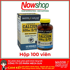 Calcium 600MG + D3 Mason Natural Hộp 100 viên tăng chiều cao xương răng chắc khỏe ngừa loãng xương