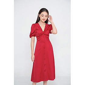 De Leah - Đầm ôm midi xoắn nơ ngực đỏ