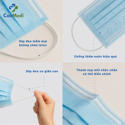 COMBO 5 HỘP Khẩu trang y tế CAEMEDI 4 lớp Xanh cao cấp, kháng khuẩn, lọc bụi bẩn đạt chuẩn BFE, FDA xuất khẩu Châu Âu - Hộp 50 cái