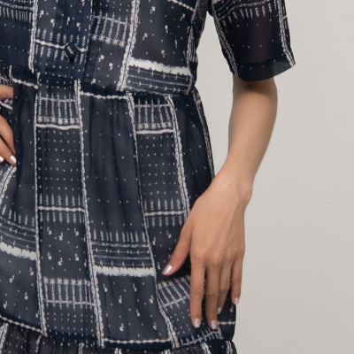 Đầm Công Sở Satin Cổ Trụ Họa Tiết Sọc Vuông Maxivic, La Mộc - LM72174