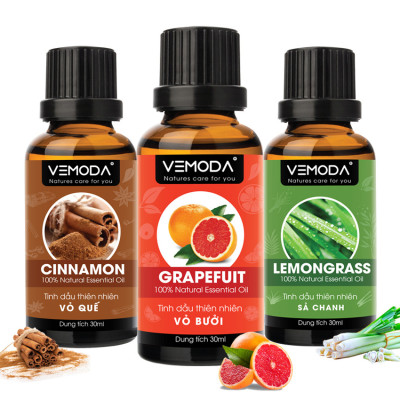 Tinh dầu xông phòng, combo thư giãn cao cấp gồm 3 chai tinh dầu nguyên chất: tinh dầu Vỏ bưởi HG (30ml) + tinh dầu Sả chanh (30ml) + tinh dầu Vỏ quế (30ml) Vemoda