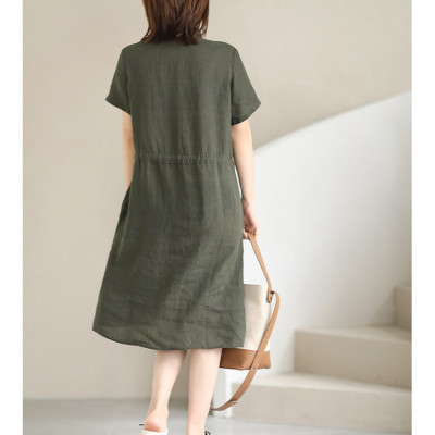 Đầm sơ mi nữ form suông ngắn tay, Đầm đũi nữ cổ sơ mi kèm dây thắt eo màu rêu Da75