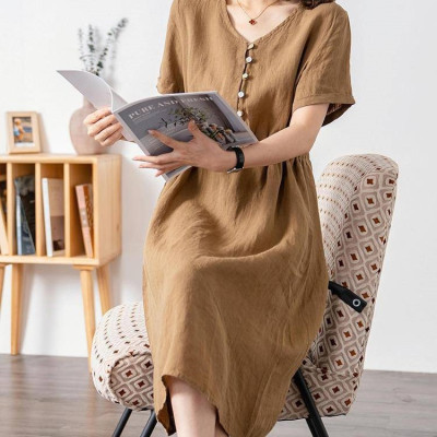 Đầm sơ mi cổ V màu trơn thanh lịch cho nữ, Đầm suông linen nhún eo, ngắn tay mặc đi làm, đi chơi Haint Boutique Da173