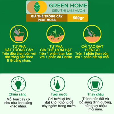 Rêu Than Bùn Peatmoss Greenhome, Bao 500gr, Giá Thể, Cân Bằng Ẩm, Trộn Đất Trồng Sen Đá, Kiểng Lá, Hoa Hồng, Ươm Hạt Giống