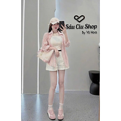 Set 3 Món Áo Ba Lỗ Mix Quần Short Trắng Mix Áo Sơ Mi Sọc Dáng Rộng Kèm Dây Lưng