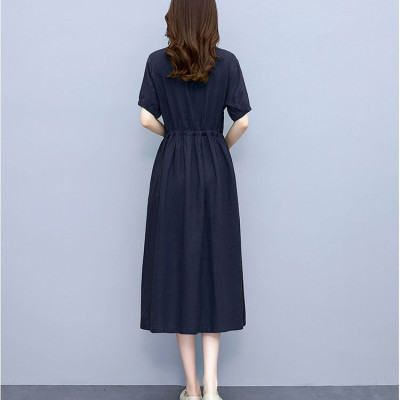 Đầm linen suông cổ phát V, tay ngắn có dây rút eo, phong cách công sở cho nữ Haint Boutique 