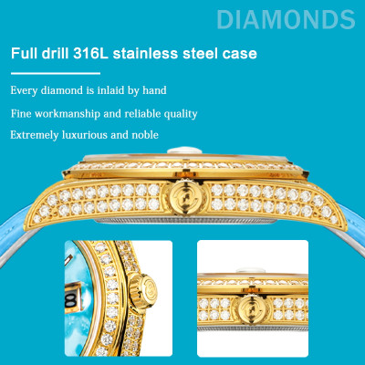 【START】Đồng hồ nam đá ngọc lam tự nhiên（Turquoise）đồng hồ kim cương chức năng hiển thị thứ ngày  đồng hồ cơ tự động dây da cá sấu Khóa bướm