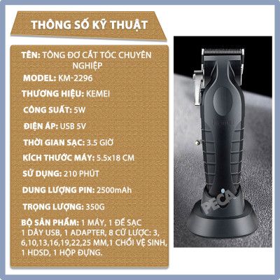 Tông đơ cắt tóc chuyên nghiệp Kemei KM-2296 lưỡi cắt mạ carbon công suất mạnh mẽ 5W pin khỏe lithium - Chính hãng