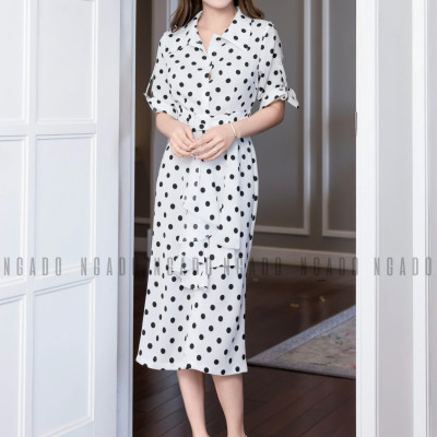 Đầm sơ mi chấm bi tay lửng NGADO , đầm sơ mi , đầm chấm bi , đầm kiểu