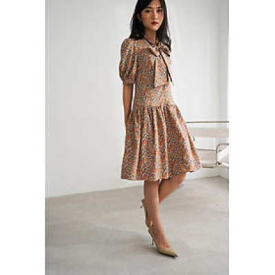 De Leah - Đầm Hạ Eo Cổ Dây nơ - Nâu cam