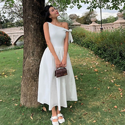 DOTTIE - Đầm midi lệch vai phối vải poplin - D0679