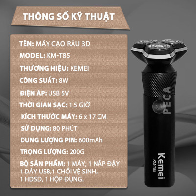 Máy cạo râu khô và ướt KEMEI KM-T85 chống thấm nước IPX6 công suất 8W sạc USB nhanh 1.5 giờ - Hàng chính hãng