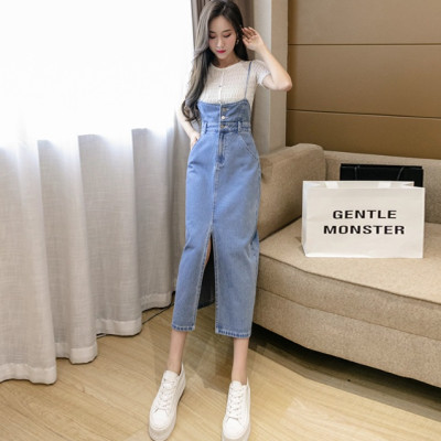 [ĐẸP CHẤT] Đầm yếm jean dài cài nút xẻ tà dáng suông mềm mại năng động C082