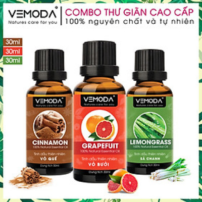 Tinh dầu xông phòng, combo thư giãn cao cấp gồm 3 chai tinh dầu nguyên chất: tinh dầu Vỏ bưởi HG (30ml) + tinh dầu Sả chanh (30ml) + tinh dầu Vỏ quế (30ml) Vemoda