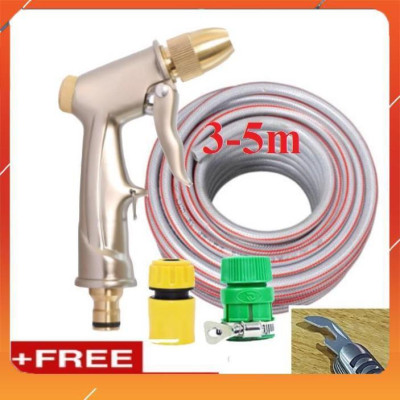 Bộ dây vòi xịt nước rửa xe, tưới cây ,tăng áp 3 lần,loại 3m,5m 206701-1 đầu đồng,cút nối nhựa vàng+  mở chai