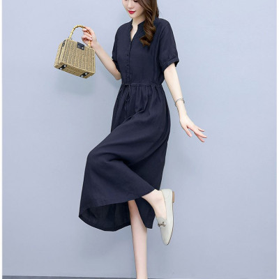 Đầm linen suông cổ phát V, tay ngắn có dây rút eo, phong cách công sở cho nữ Haint Boutique 