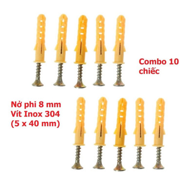 Set 10 Nở Nhựa màu Vàng 6 - 8mm Kèm Vít Inox 304 - Hàng Tốt, Vít Inox Nở Đóng Tường Chắc Chắn, Chống Gỉ, Tiện Dụng Trong Gia Đình- TakyHome 5080