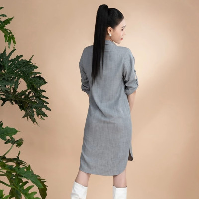 Đầm xô lụa xám thêu, cổ sơmi La Mộc LM022427