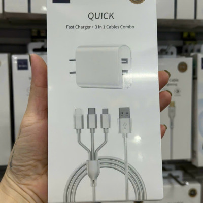 Bộ sạc Wiwu Quick Fast Charger + 3 in 1 Cables Combo Wi-U003  cho điện thoại sạc được 3 thiết bị cùng một lúc - Hàng chính hãng
