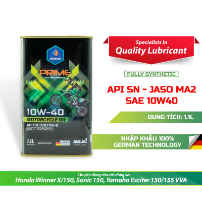 Nhớt Xe Máy PRIME Lon 1.1L Tổng Hợp Toàn Phần-10W40-SN-MA2 Cho Exciter/Winner/Sonic Nhập Khẩu Chính Hãng