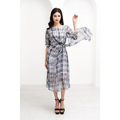 Đầm Voan Xòe Loang Xanh Xoắn Eo Maxivic, La Mộc - LM72113