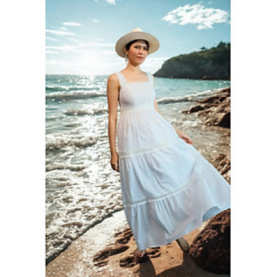 Đầm Maxi Trắng Cotton Hai Dây Đi Biển Du Lịch Resorts Thơ DRE092 Thời trang Hity