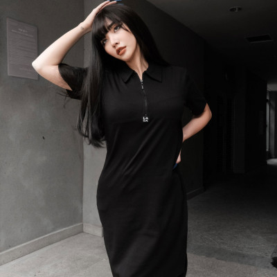 LAAS Đầm suông cổ polo DK đen form rộng thoải mái năng động